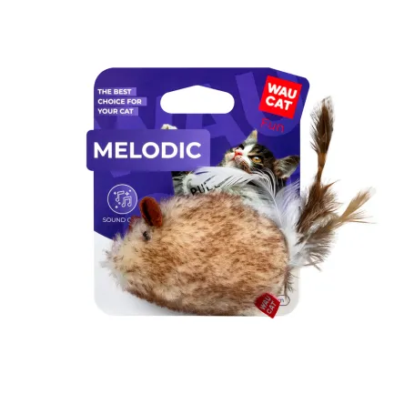 Іграшка для котів WAUCAT Fun Melodic Мишка зі звуковим чипом, штучне хутро, перо, 130 мм — Фото 1