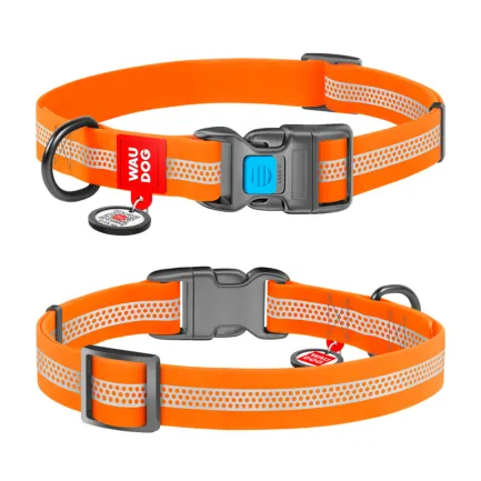 Нашийник для собак водостійкий WAUDOG Waterproof з QR-паспортом, світловідбиваючий, пластикова пряжка, L, Ш 25 мм, Д 34-49 см, помаранчевий