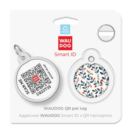 Адресник для собак і котів металевий WAUDOG Smart ID з QR паспортом, малюнок "Рослини", коло, Д 30 мм — Фото 4