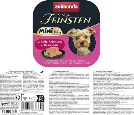 Корм вологий Animonda Vom Feinsten Adult Mini для собак мініпорід, з телятиною, шинкою + базилік 100 г — Фото 1