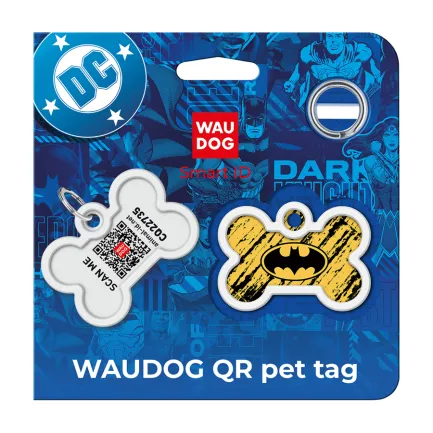 Адресник для собак і котів металевий WAUDOG Smart ID з QR паспортом, малюнок "Бетмен ескіз", кістка, Д 40 мм, Ш 28 мм — Фото 1