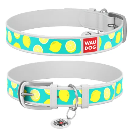 Нашийник WAUDOG Design з малюнком "Лимони", преміум шкіра, металева пряжка (ширина 12 мм, довжина 19-25 см) білий