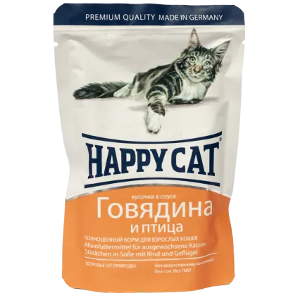 Вологий корм Happy Cat для котів у вигляді шматочків в cоусі з яловичиною та птицею, 0,1 кг 1002315