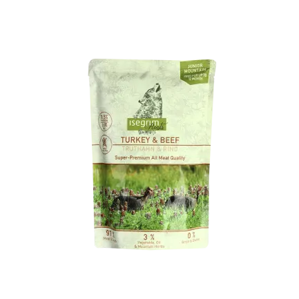 ISEGRIM Pouch Roots JUNIOR Turkey &amp; Beef 410 г Вологий корм для собак. Індичка та яловичина з бататом, лососевим жиром, трава