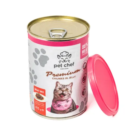 Корм вологий для дорослих котів Pet Chef, шматочки в желе М'ясний мікс 415 г — Фото 2