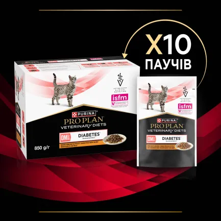 Вологий корм PRO PLAN VETERINARY DIETS DM ST/OX Diabetes Managment для дорослих котів для регулювання надходження глюкози (цукровий діабет) шматочки у підливці з куркою 85 г — Фото 8