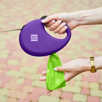 Повідець-рулетка для собак WAUDOG R-leash з контейнером для пакетів, світловідбивна стрічка, L, до 40 кг, 5 м, фіолетовий — Фото 4