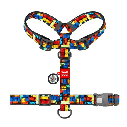 Шлея для собак анатомічна H-подібна WAUDOG Nylon з QR-паспортом, малюнок "Блоки", пластиковий фастекс, XL, Ш 35 мм, А 55-95 см, В 70-110 см — Фото 2