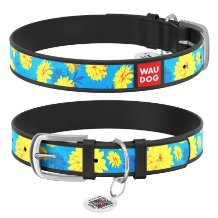Нашийник WAUDOG Design з малюнком "Квіти на блакитному", преміум шкіра, металева пряжка (ширина 12 мм, довжина 21-29 см) чорний