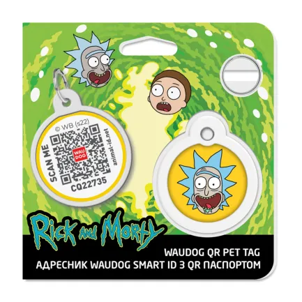 Адресник для собак і котів металевий WAUDOG Smart ID з QR паспортом, малюнок "Рік та Морті 3", коло, Д 30 мм — Фото 3