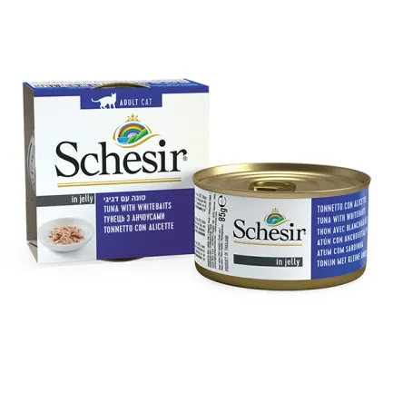 Schesir Tuna Whitebaits ШЕЗІР ТУНЕЦЬ З АНЧОУСАМИ в желе натуральні консерви для котів, вологий корм, банка 85г 0,085 кг — Фото 1