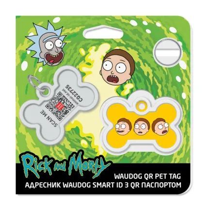 Адресник для собак і котів металевий WAUDOG Smart ID з QR паспортом, малюнок "Рік та Морті 2", кістка, Д 40 мм, Ш 28 мм — Фото 3
