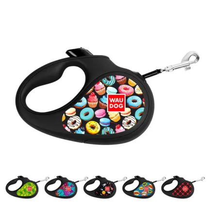 Повідець-рулетка для собак WAUDOG R-leash, малюнок "Пончики", L, до 50 кг, 5 м, світловідбиваюча стрічка чорний