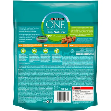 Сухий корм PURINA ONE Adult Dual Nature Spirulina для дорослих котів з куркою 750 г — Фото 1