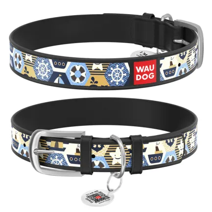 Нашийник WAUDOG Design з малюнком "Капітан", преміум шкіра, металева пряжка (ширина 12 мм, довжина 21-29 см) чорний