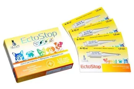 ЕктоСтоп (EctoStop) протипаразитарні краплі для собак 4-10кг, 1мл, MODES (від бліх, від кліщів, від гельмінтів), ціна за 1 піпетку