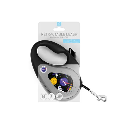 Повідець-рулетка для собак WAUDOG R-leash, малюнок "NASA", M, до 25 кг, 5 м, світловідбиваюча стрічка чорний — Фото 3