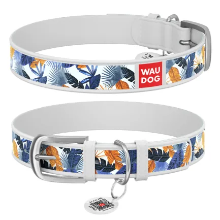 Нашийник WAUDOG Design з малюнком "Джунглі", преміум шкіра, металева пряжка (ширина 12 мм, довжина 21-29 см) білий
