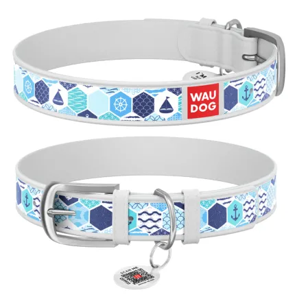 Нашийник WAUDOG Design з малюнком "Морський", преміум шкіра, металева пряжка (ширина 12 мм, довжина 21-29 см) білий