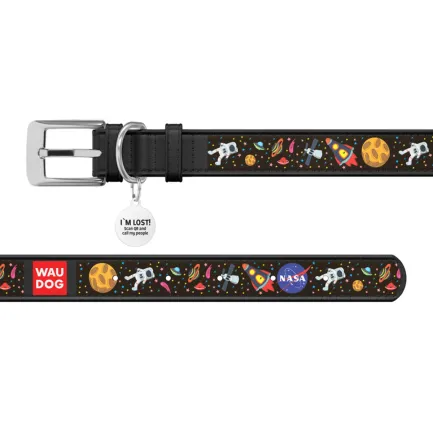 Нашийник для собак шкіряний WAUDOG Design з QR паспортом, малюнок "NASA", Ш 25 мм, Дов 38-49 см чорний — Фото 2