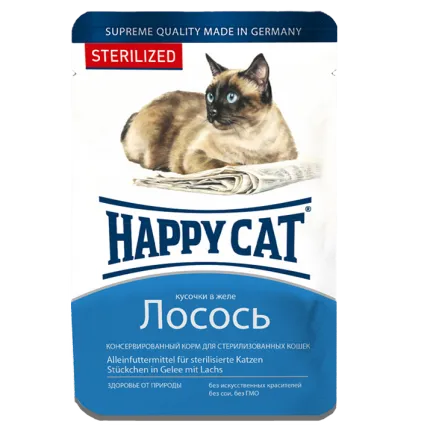 Вологий корм Happy Cat для стерилізованих котів у вигляді шматочків в желе з лососем, 0,1 кг, 1004211