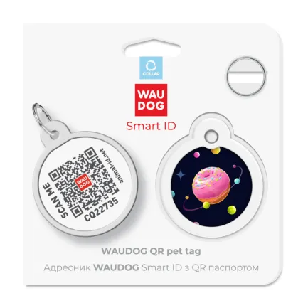 Адресник для собак і котів металевий WAUDOG Smart ID з QR паспортом, малюнок "Всесвіт пончиків", коло, Д 30 мм — Фото 4