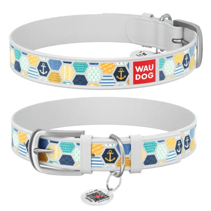 Нашийник WAUDOG Design з малюнком "Морський 2", преміум шкіра, металева пряжка (ширина 12 мм, довжина 21-29 см) білий