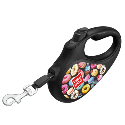 Повідець-рулетка для собак WAUDOG R-leash, малюнок "Пончики", L, до 50 кг, 5 м, світловідбиваюча стрічка чорний — Фото 4