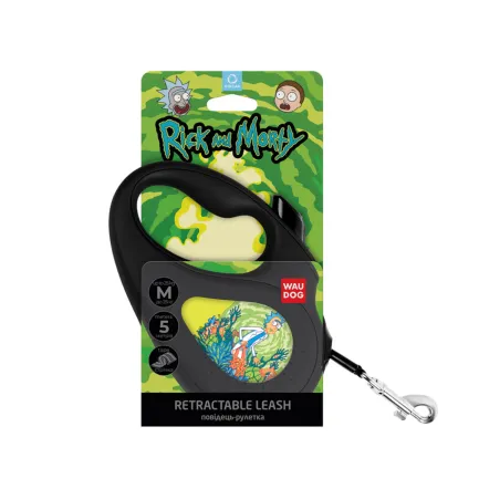 Повідець-рулетка для собак WAUDOG R-leash, малюнок "Рік та Морті 2", M, до 25 кг, 5 м, світловідбиваюча стрічка чорний — Фото 3