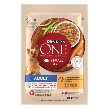 Вологий корм PURINA ONE Mini/Small для дорослих собак дрібних порід шматочки у підливці з куркою, морквою та зеленою квасолею 85 г — Фото 1
