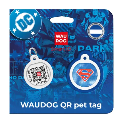 Адресник для собак і котів металевий WAUDOG Smart ID з QR паспортом, малюнок "Супермен ретро", коло, Д 25 мм — Фото 4