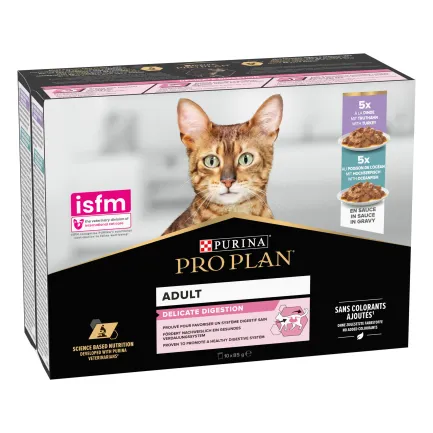 Вологий корм PRO PLAN Delicate Digestion для дорослих котів з чутливим травленням мультипак, шматочки у підливці: з індичкою 5х85г, з океанічною рибою 5х85г — Фото 1