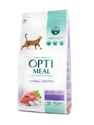 OPTIMEAL™. Повнораціонний сухий корм для дорослих котів з ефектом виведення шерсті - качка, 10 кг