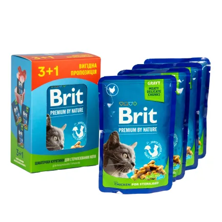 Набір паучів "3+1" для стерилізованих котів Brit Premium Cat pouch Chicken Slices for Sterilised з куркою, 4х100г — Фото 4