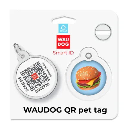 Адресник для собак і котів металевий WAUDOG Smart ID з QR паспортом, малюнок "Гамбургер", коло, Д 30 мм — Фото 3