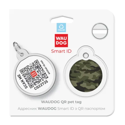 Адресник для собак і котів металевий WAUDOG Smart ID з QR паспортом, малюнок "Камо зелений", коло, Д 30 мм — Фото 4