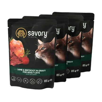 Набір вологих кормів Savory "3+1" для дорослих котів, ягня з буряком у соусі, паучі, 4 шт 85 г — Фото 3