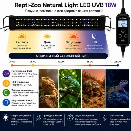 Світильник LED UVB Repti-Zoo Natural Light LED UVB 18W 56-64 см для тераріуму з контролером — Фото 1