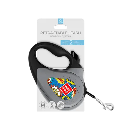 Повідець-рулетка для собак WAUDOG R-leash, малюнок "ВАУ", M, до 25 кг, 5 м, світловідбиваюча стрічка чорний — Фото 3