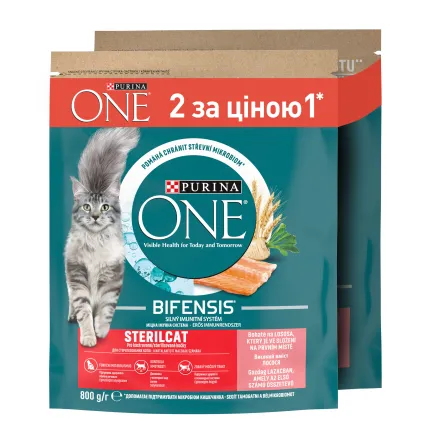 Сухий корм PURINA ONE Sterilcat для дорослих котів після стерилізації комплекс Bifensis з лососем та пшеницею, набір 2х800 г