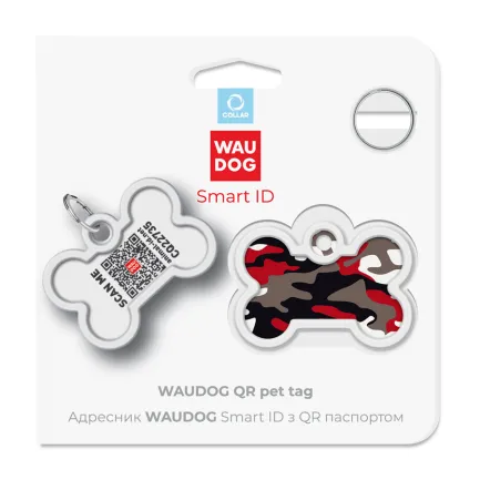 Адресник для собак і котів металевий WAUDOG Smart ID з QR паспортом, малюнок "Камо сірий", кістка, Д 40 мм, Ш 28 мм — Фото 4