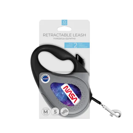 Повідець-рулетка для собак WAUDOG R-leash, малюнок "NASA21", M, до 25 кг, 5 м, світловідбиваюча стрічка чорний — Фото 1