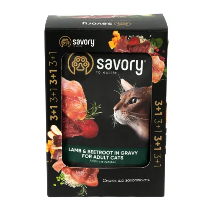 Набір вологих кормів Savory "3+1" для дорослих котів, ягня з буряком у соусі, паучі, 4 шт 85 г — Фото 2