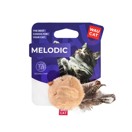 Іграшка для котів WAUCAT Fun Melodic Пташка бежева зі звуковим чипом, штучне хутро, перо, 110 мм — Фото 1