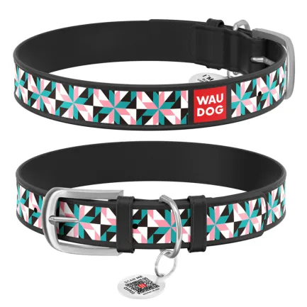 Нашийник WAUDOG Design з малюнком "Снігові квіти", преміум шкіра, металева пряжка (ширина 35 мм, довжина 46-60 см) чорний