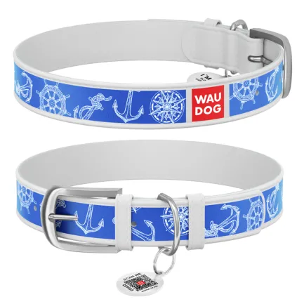 Нашийник WAUDOG Design з малюнком "Морська фантазія", преміум шкіра, металева пряжка (ширина 12 мм, довжина 21-29 см) білий