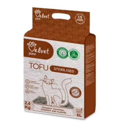 VELVET PAW TOFU Наповнювач для стерилізованих котів, з кокосовим вугіллям, мигдалевою та кокосовою есенцією 6 л/2,6 кг