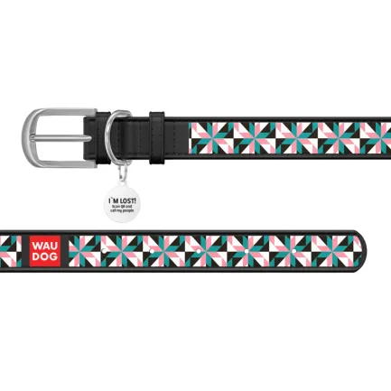 Нашийник WAUDOG Design з малюнком "Снігові квіти", преміум шкіра, металева пряжка (ширина 35 мм, довжина 46-60 см) чорний — Фото 2