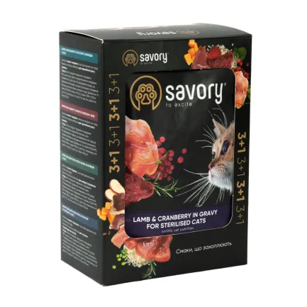 Набір вологих кормів Savory "3+1" для стерилізованих котів, ягня з журавлиною у соусі, паучі, 4 шт 85 г — Фото 1