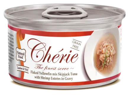 Cherie 80g Signature Gravy Flaked Yellowfin mix Skipjack Tuna with Shrimp Entrеes in Gravy вологий корм для котів з ніжними шматочками жовтоперого тунця та креветок в соусі